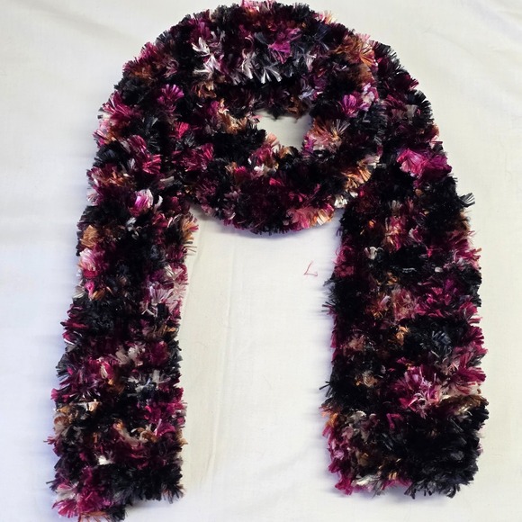 Handmade Knit Scarf Plum Magenta Black Fluffy Yarn Women‎ - Picture 2 of 6